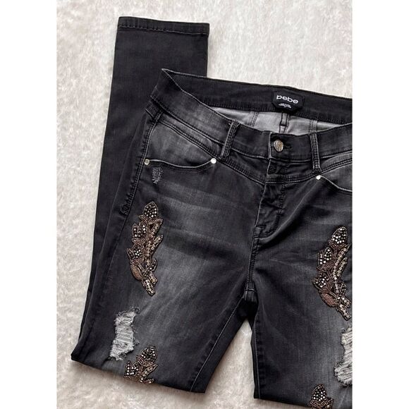 bebe Embellished Rhinestone Detail Mid Rise Skinny Leg Jeans in Black, Size 29 - Picture 3 of 13
